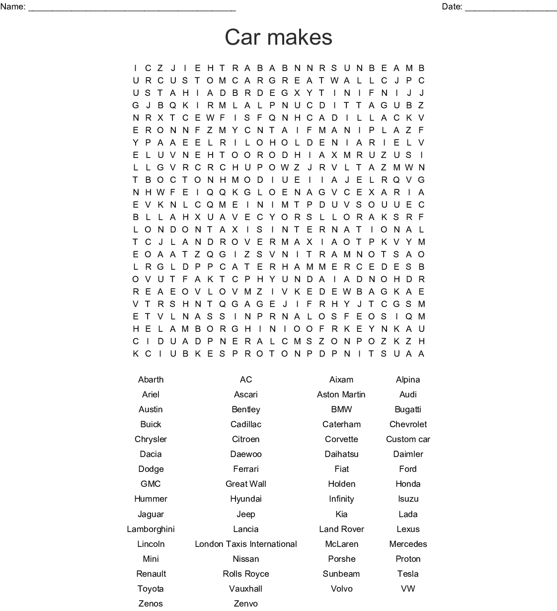 Cars Word Search - Wordmint