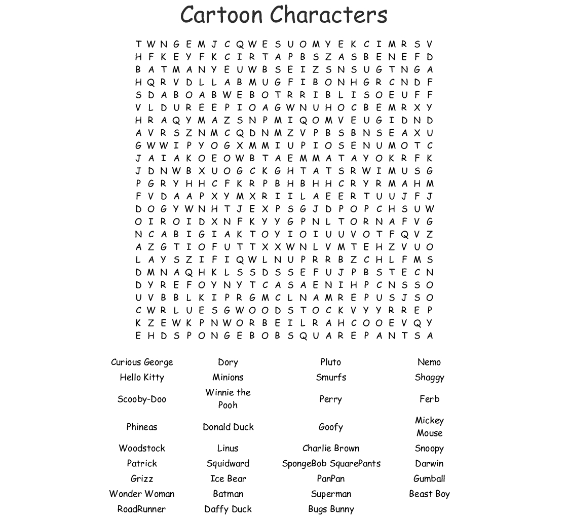 Cartoon Characters Word Search Wordmint Word Search Printable