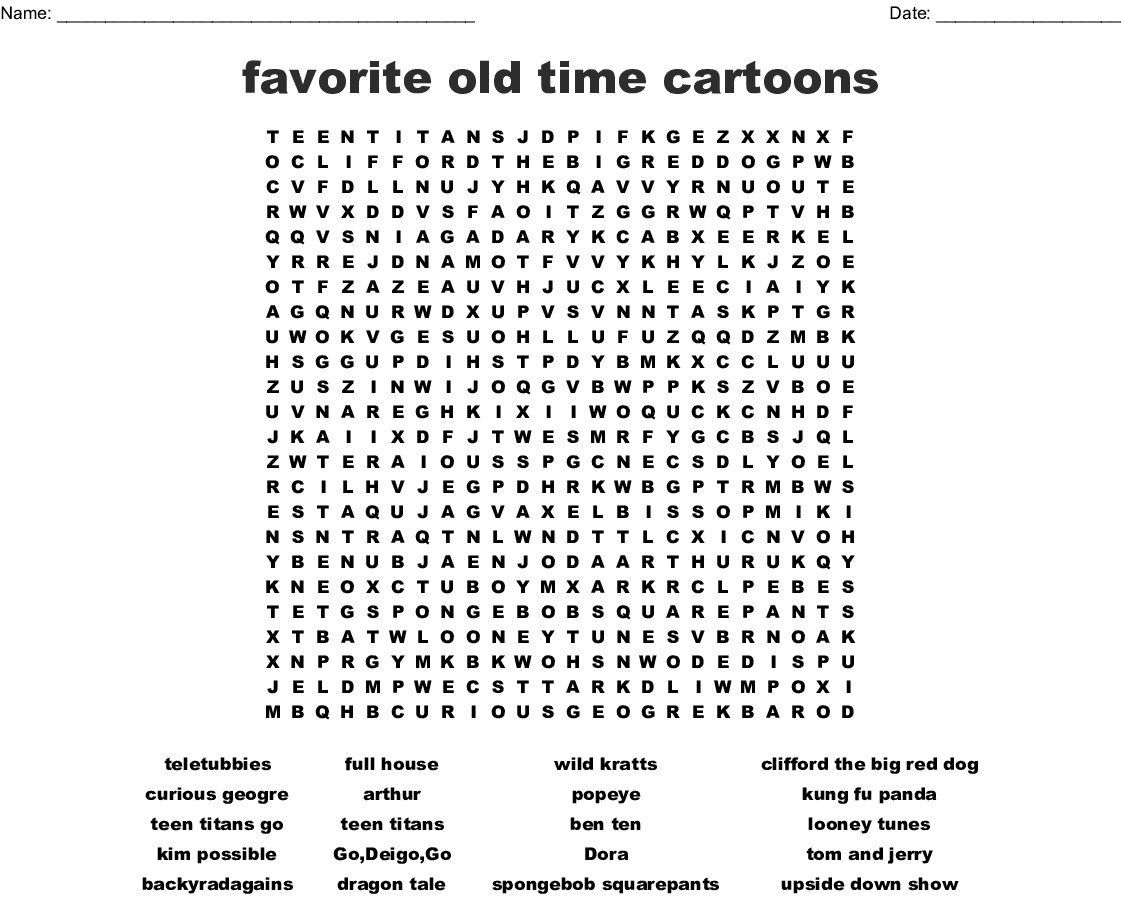 Cartoons Crosswords, Word Searches, Bingo Cards - Wordmint