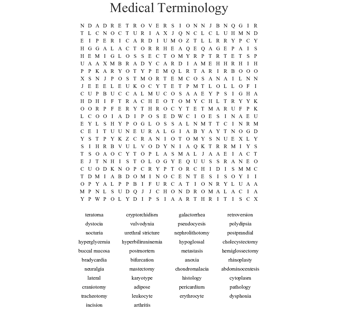 Medical Terminology Word Search Printables Word Search Printable