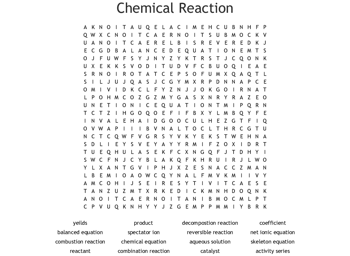 Chemical Reaction Word Search - Wordmint