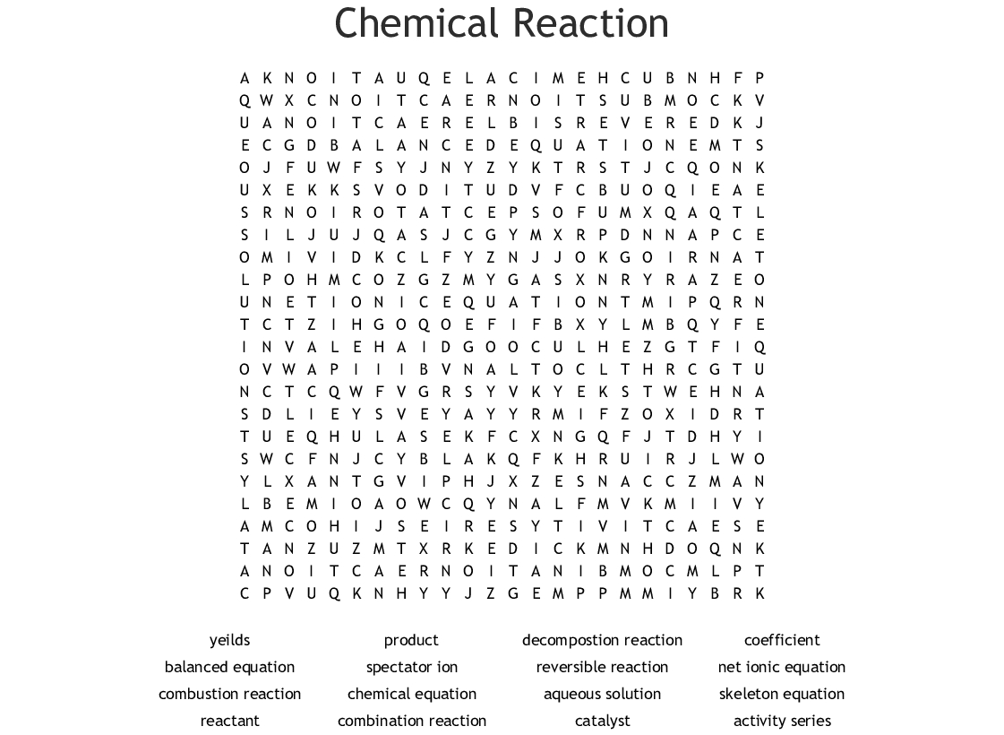 Chemical Reaction Word Search