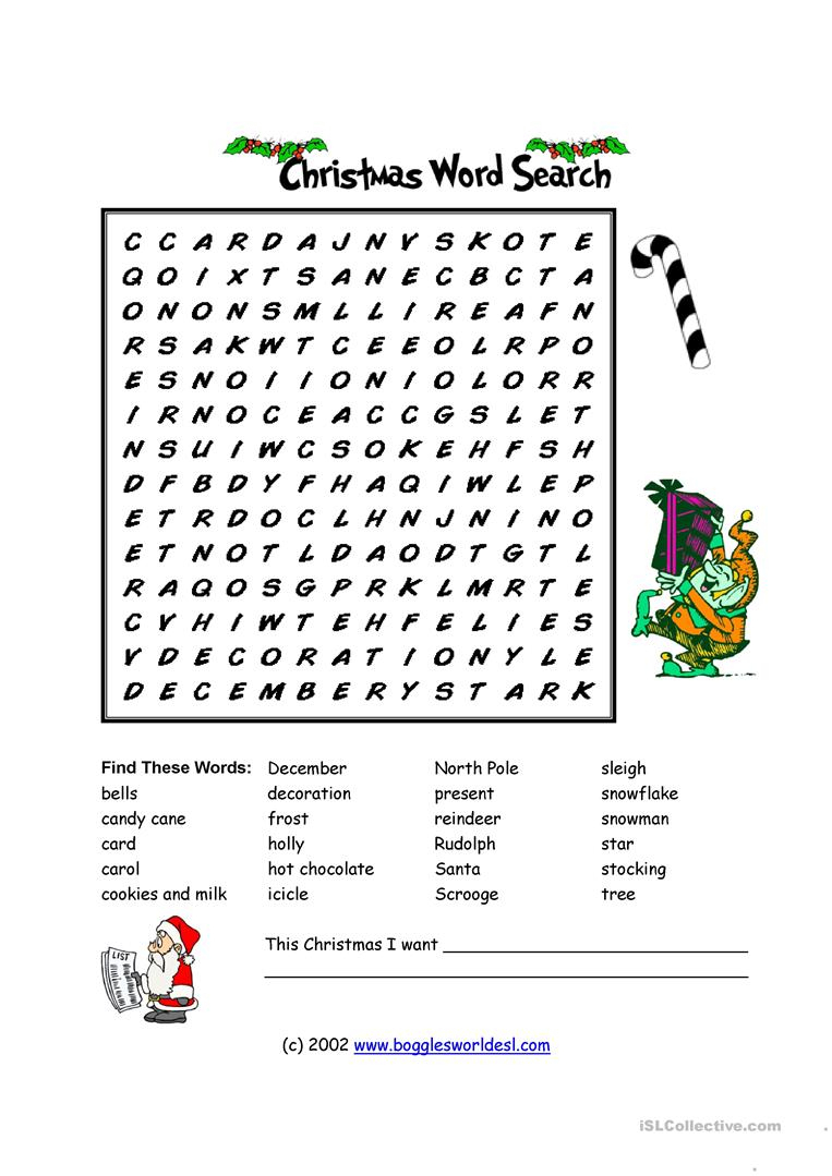 Christmas Wordsearch - English Esl Worksheets For Distance