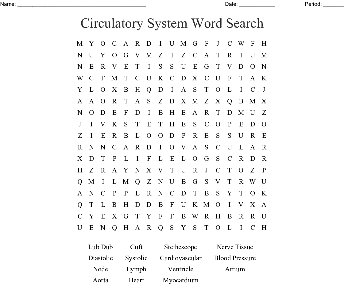 Circulatory System Word Search - Wordmint