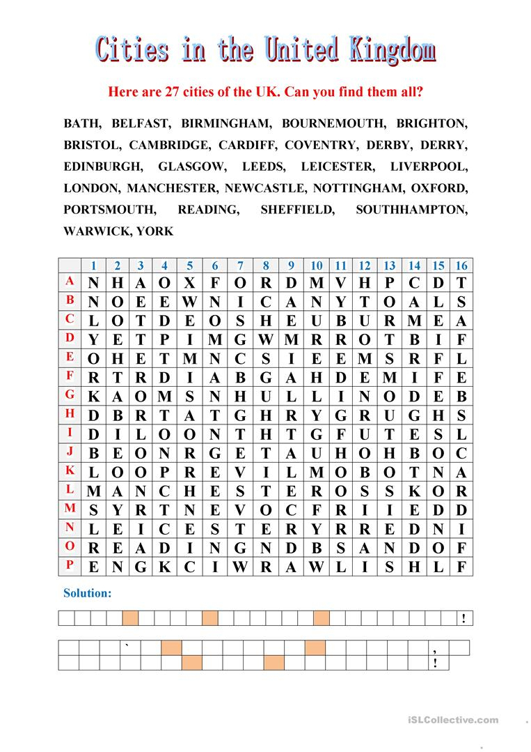 Cities In The United Kingdom (Word Search + Key) - English