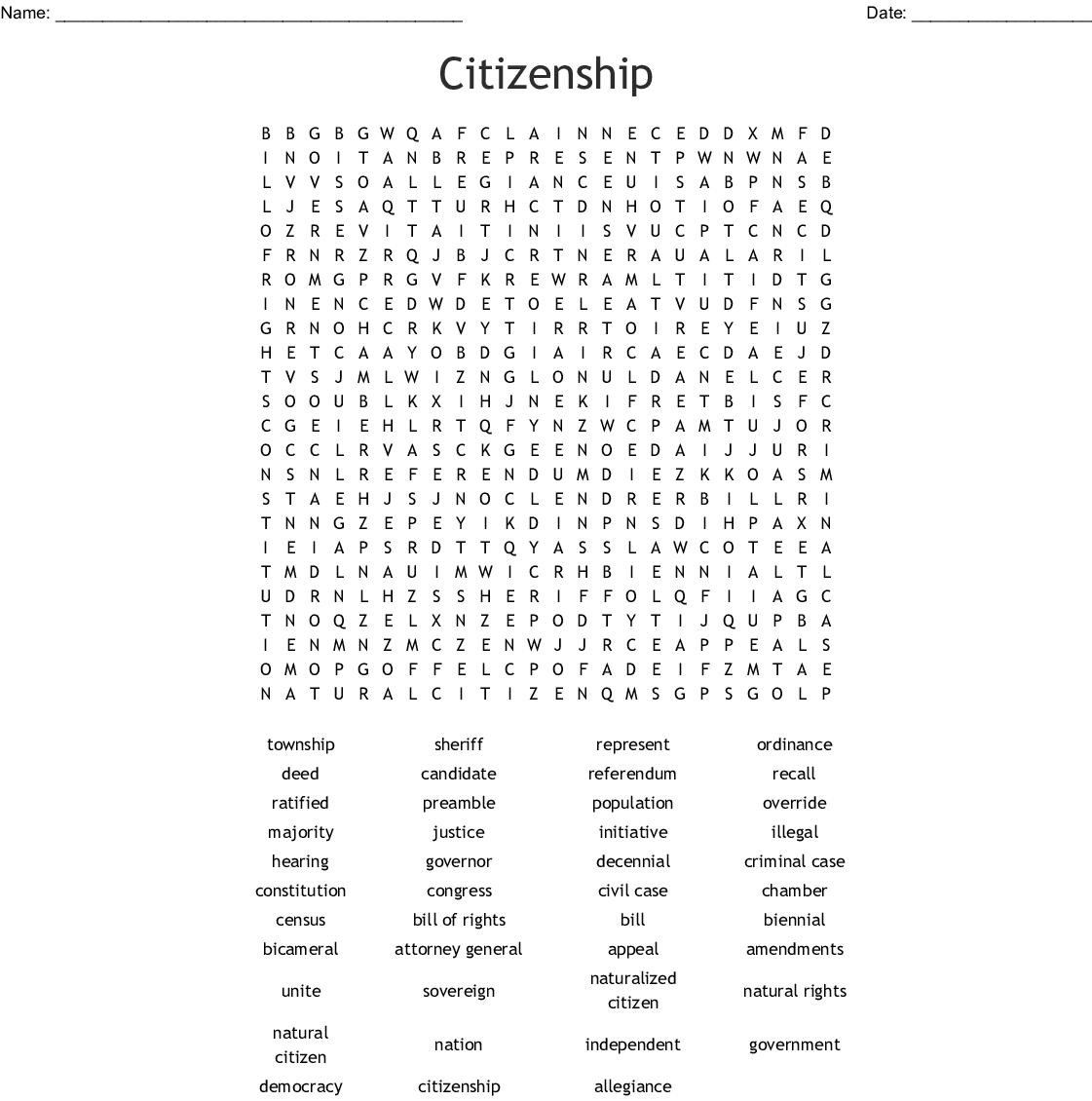 Civics And Citizenship Word Search - Wordmint