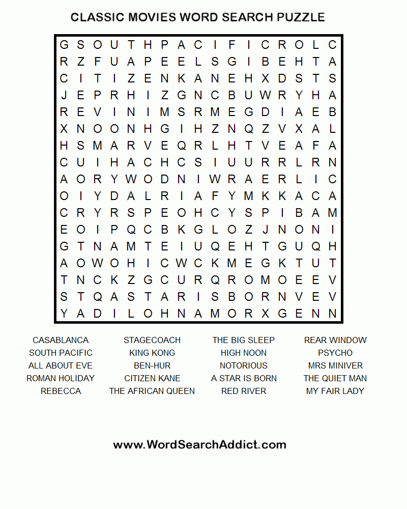 Classic Movies Printable Word Search Puzzle | Word Puzzles