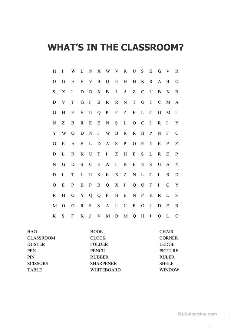 Classroom Object Word Search - English Esl Worksheets For