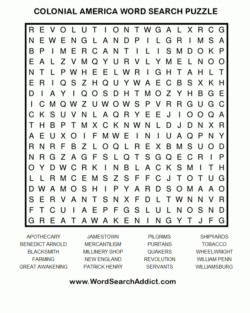 Colonial America Printable Word Search Puzzle | Word Search