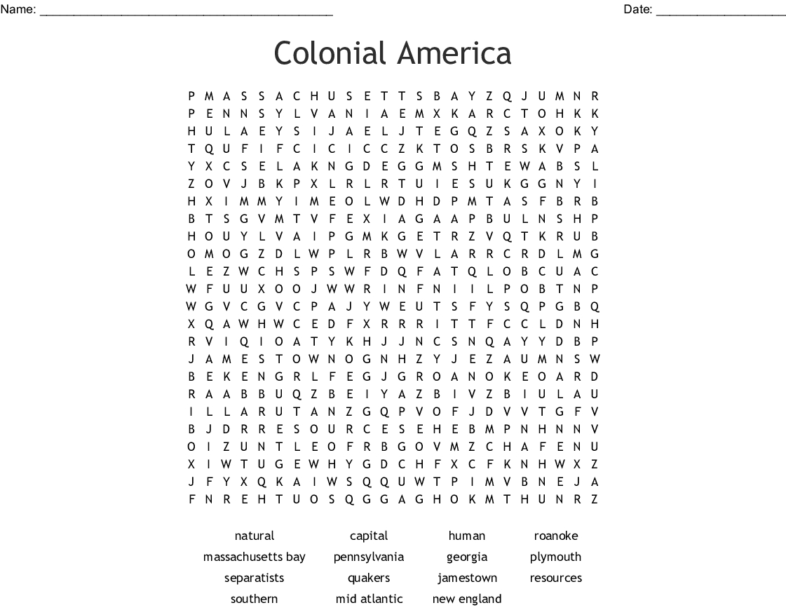Colonial America Word Search - Wordmint
