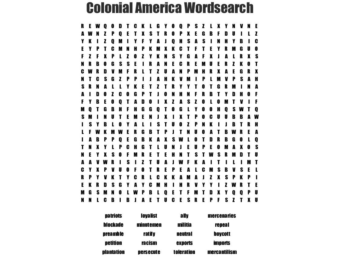 Colonial America Wordsearch - Wordmint