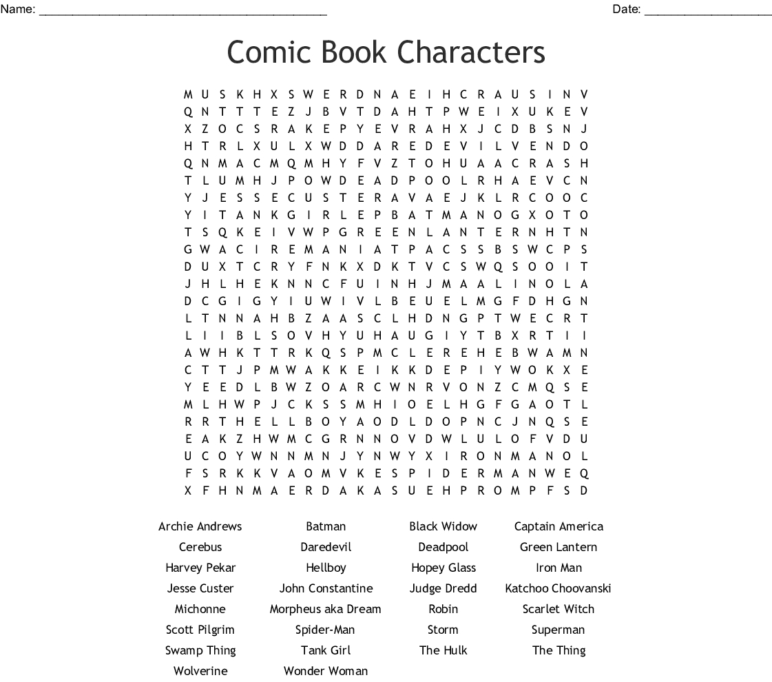 Comic Book Characters Word Search - Wordmint