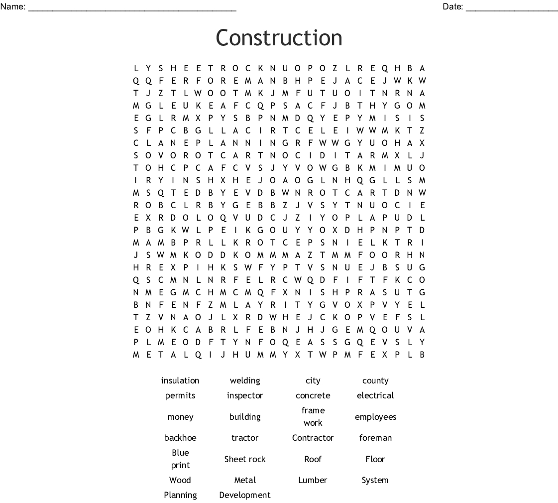 Construction Word Search - Wordmint