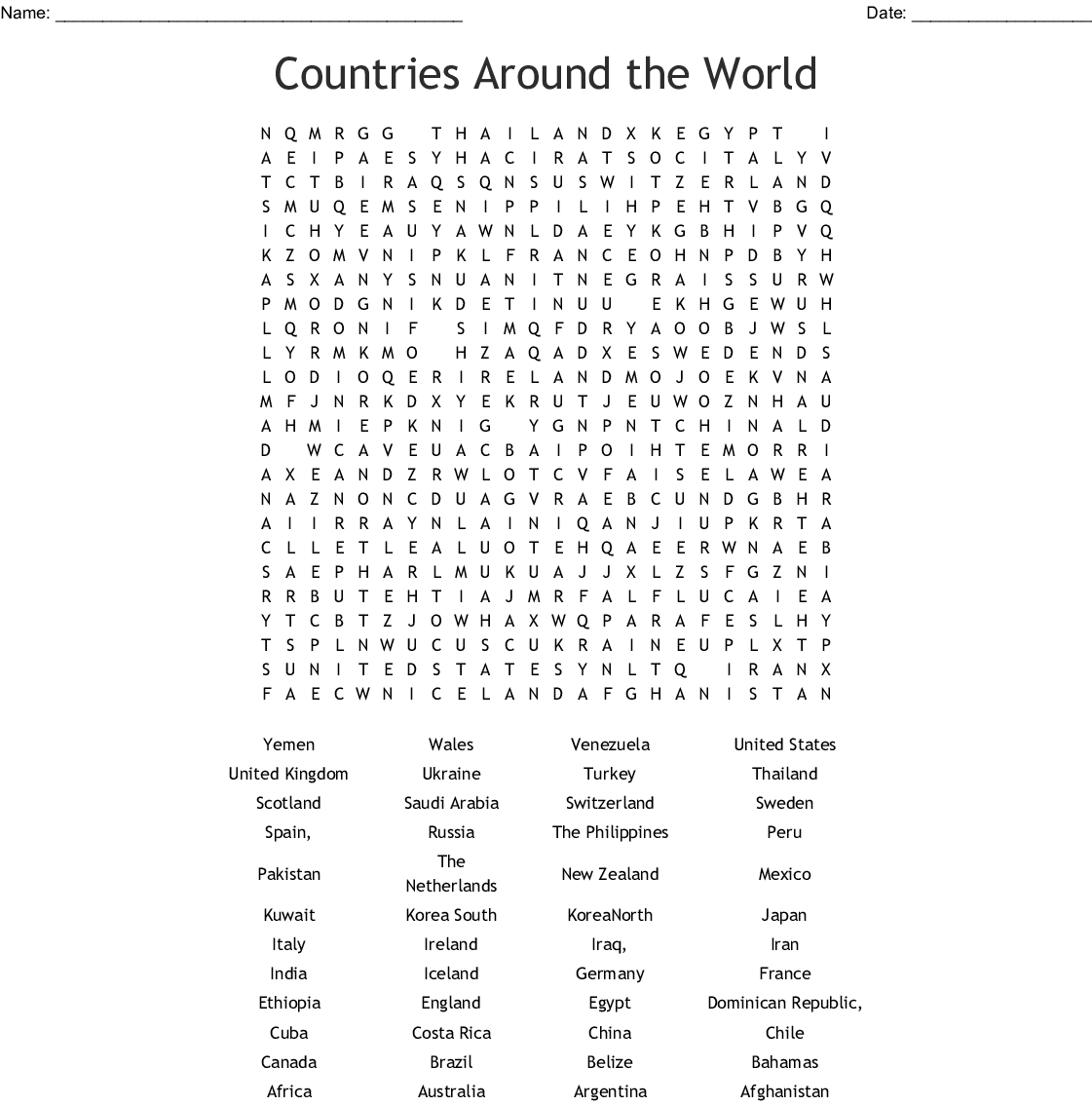 World Countries Word Search - Wordmint - Word Search Printable