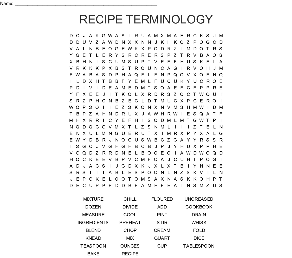 Culinary Terminology Word Search - Wordmint
