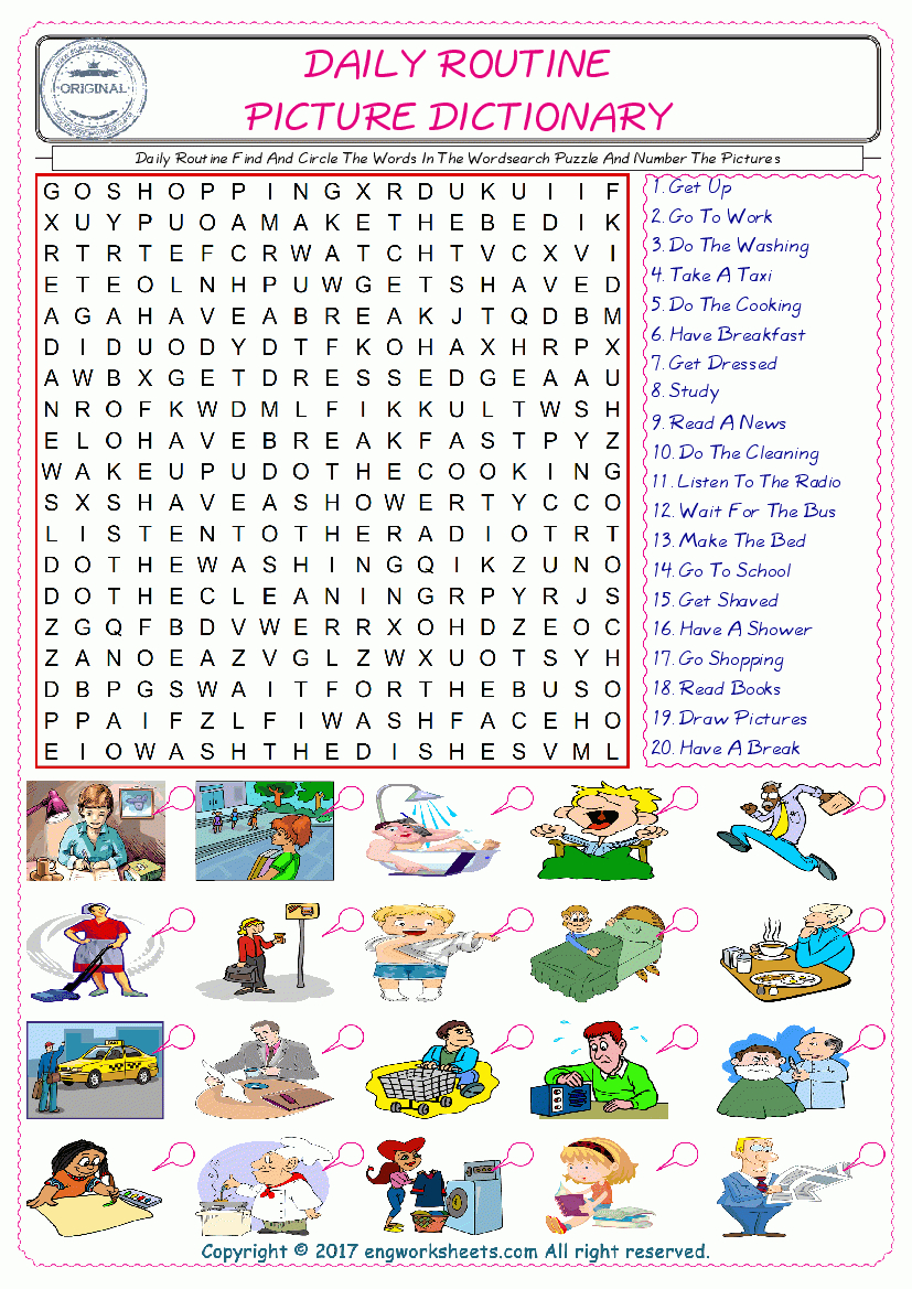 Daily Routine Esl Printable Picture English Dictionary