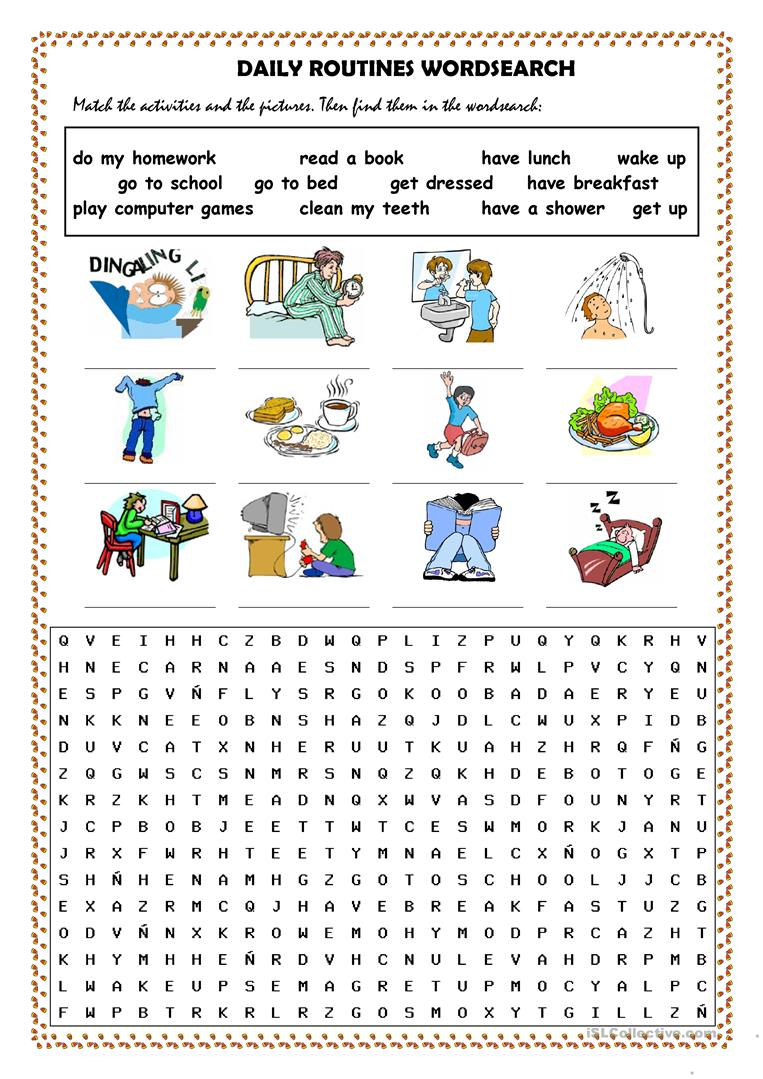 Daily Routines Picture Dictionary And Wordsearch - English