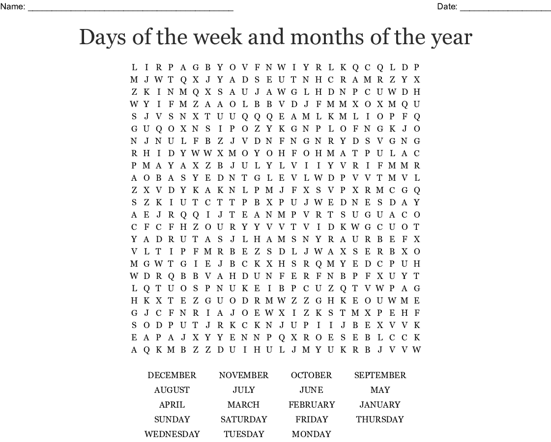 Days Of The Week And Months Of The Year Word Search - Wordmint