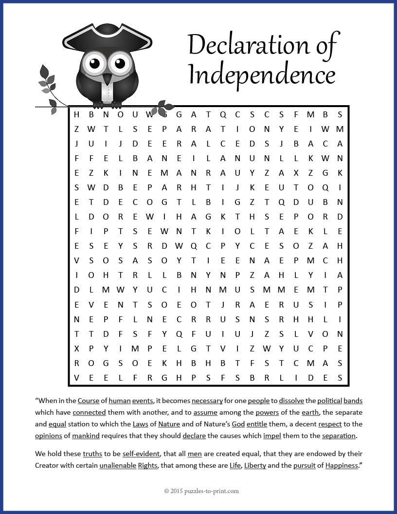 Declaration Of Independence Word Search | 5Th Grade - Social