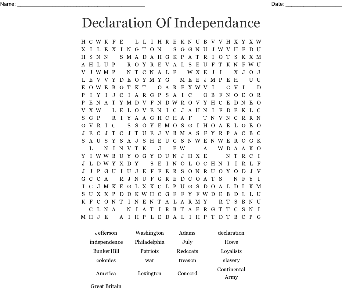 Declaration Of Independence Word Search - Wordmint