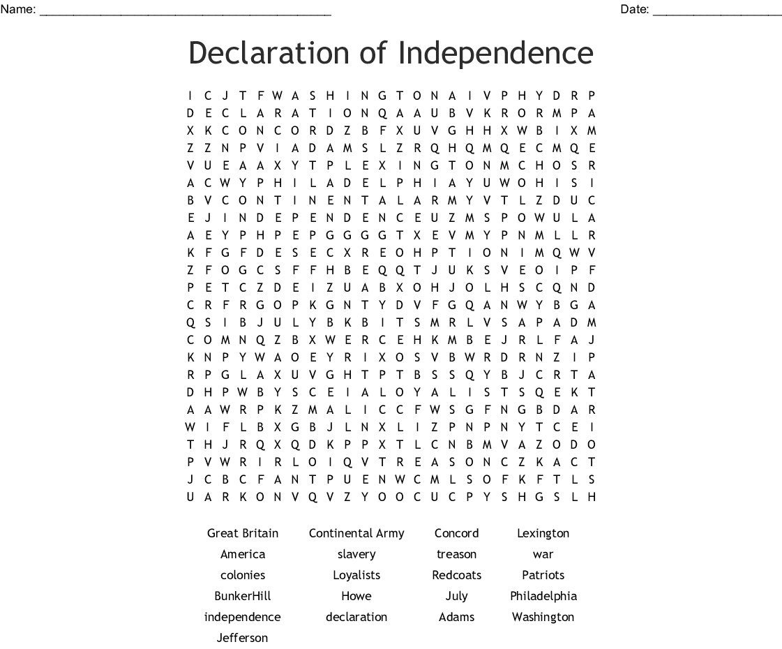 Declaration Of Independence Word Search - Wordmint