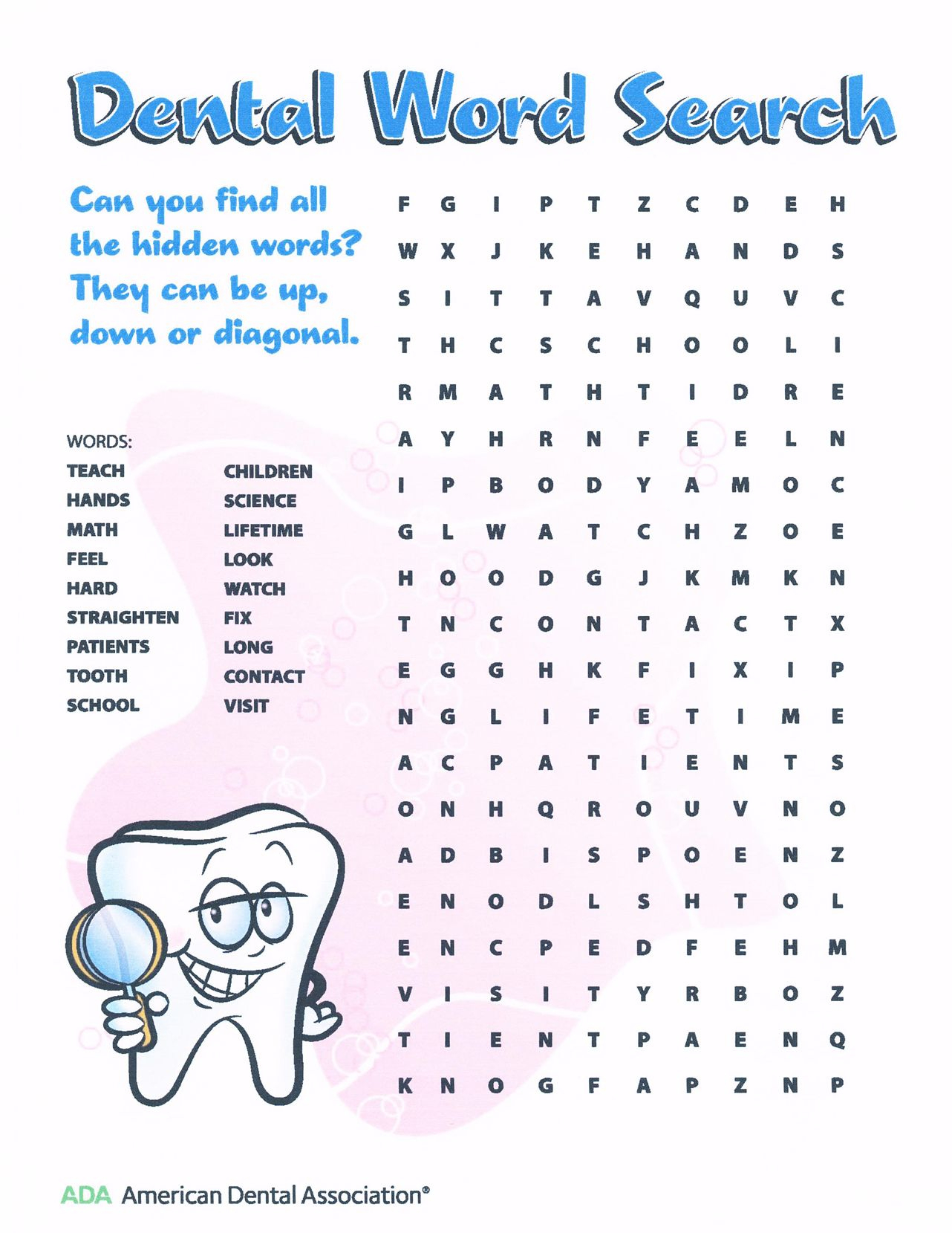 Dental Word Search | Kids Word Search, Dental Fun, Dental