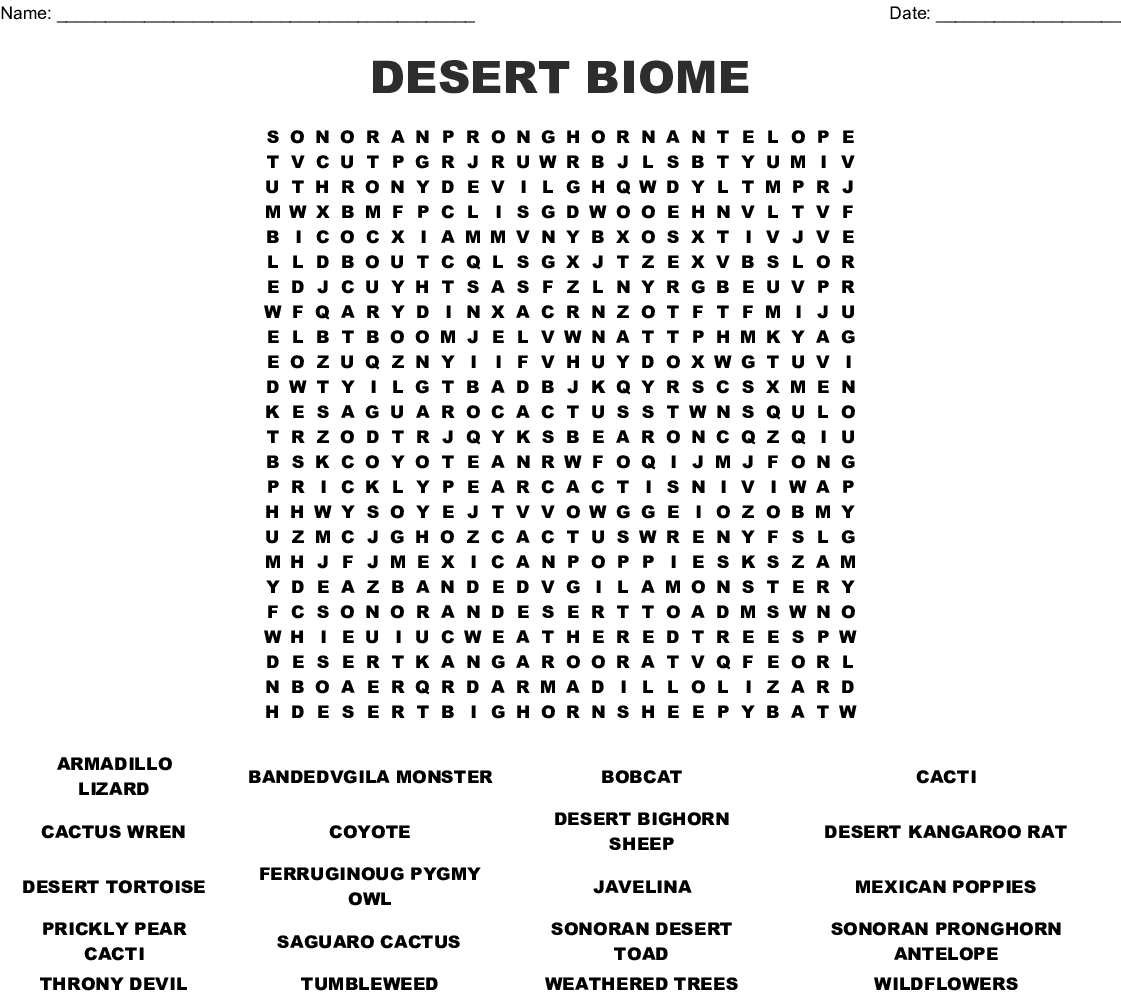 Desert Biome Word Search - Wordmint