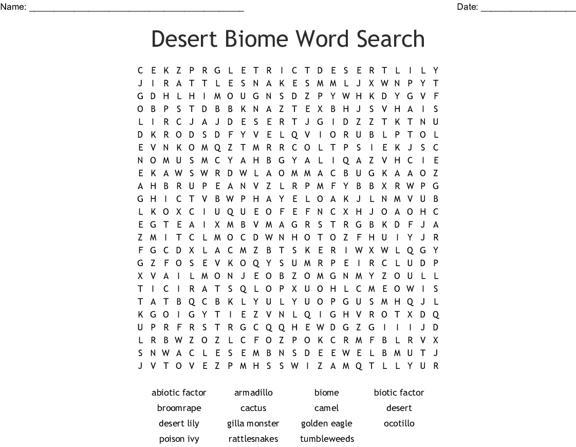 Desert Biome Word Search - Wordmint