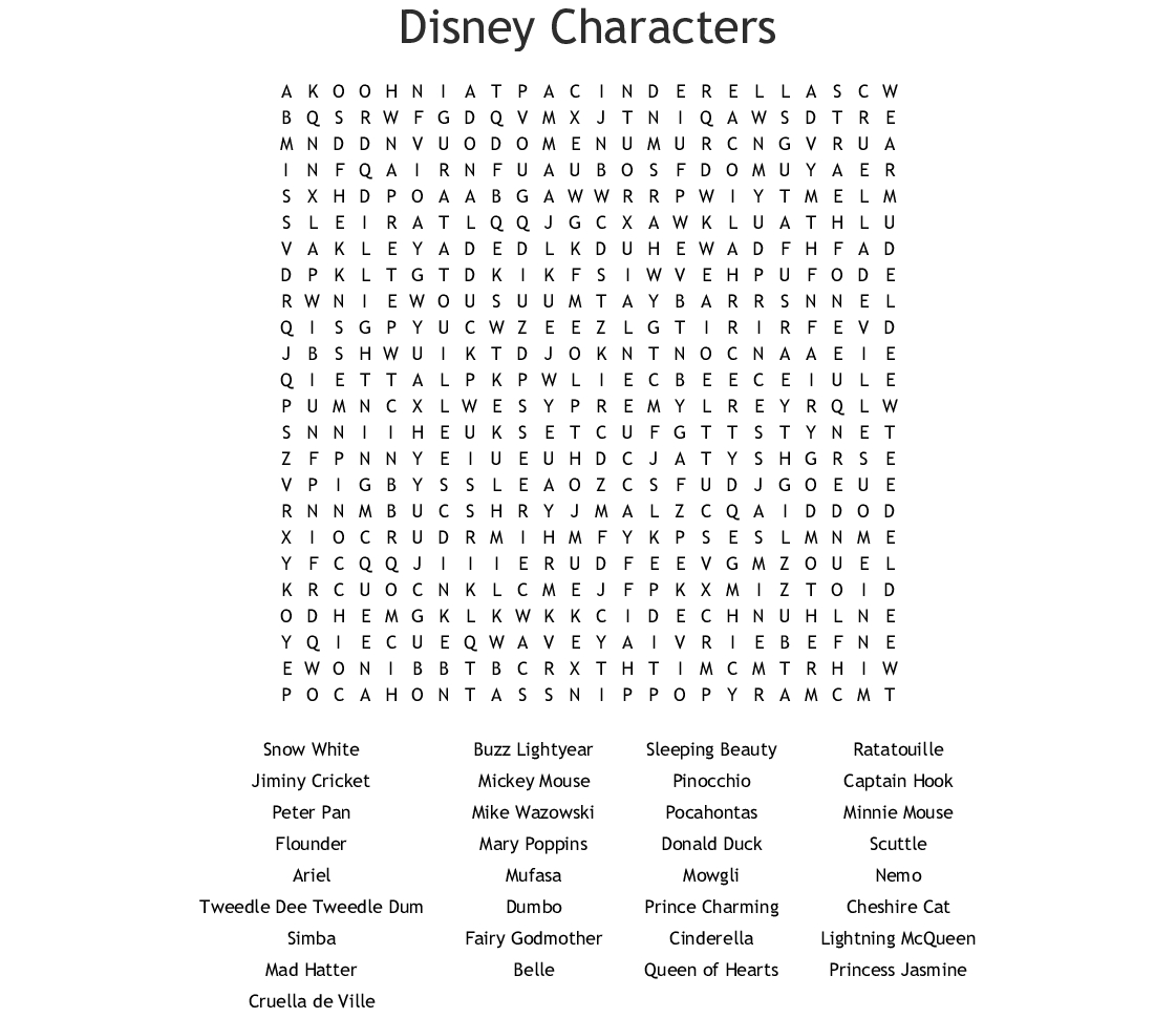 Disney Characters Word Search - Wordmint
