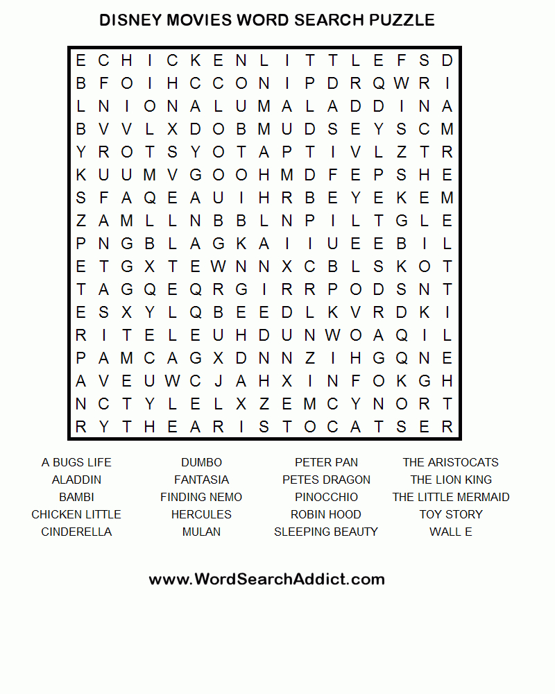 Disney Movies Printable Word Search Puzzle | Word Puzzles