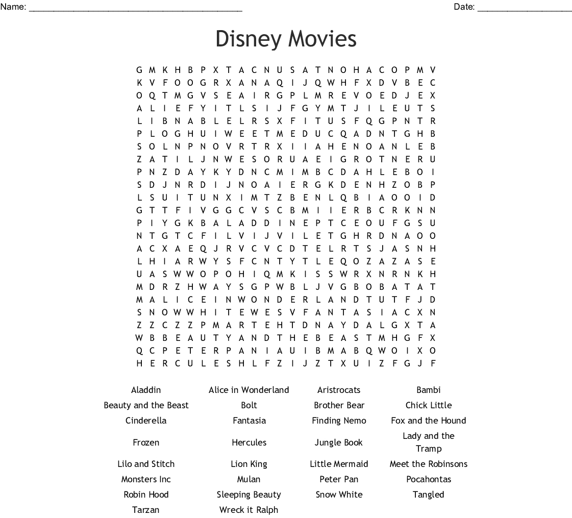Disney Movies Word Search - Wordmint