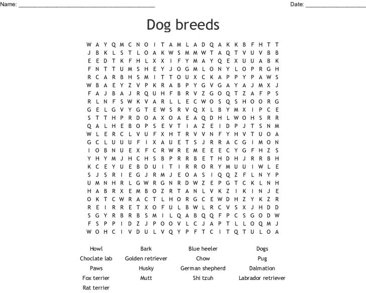 Dog Breed Word Search Printable