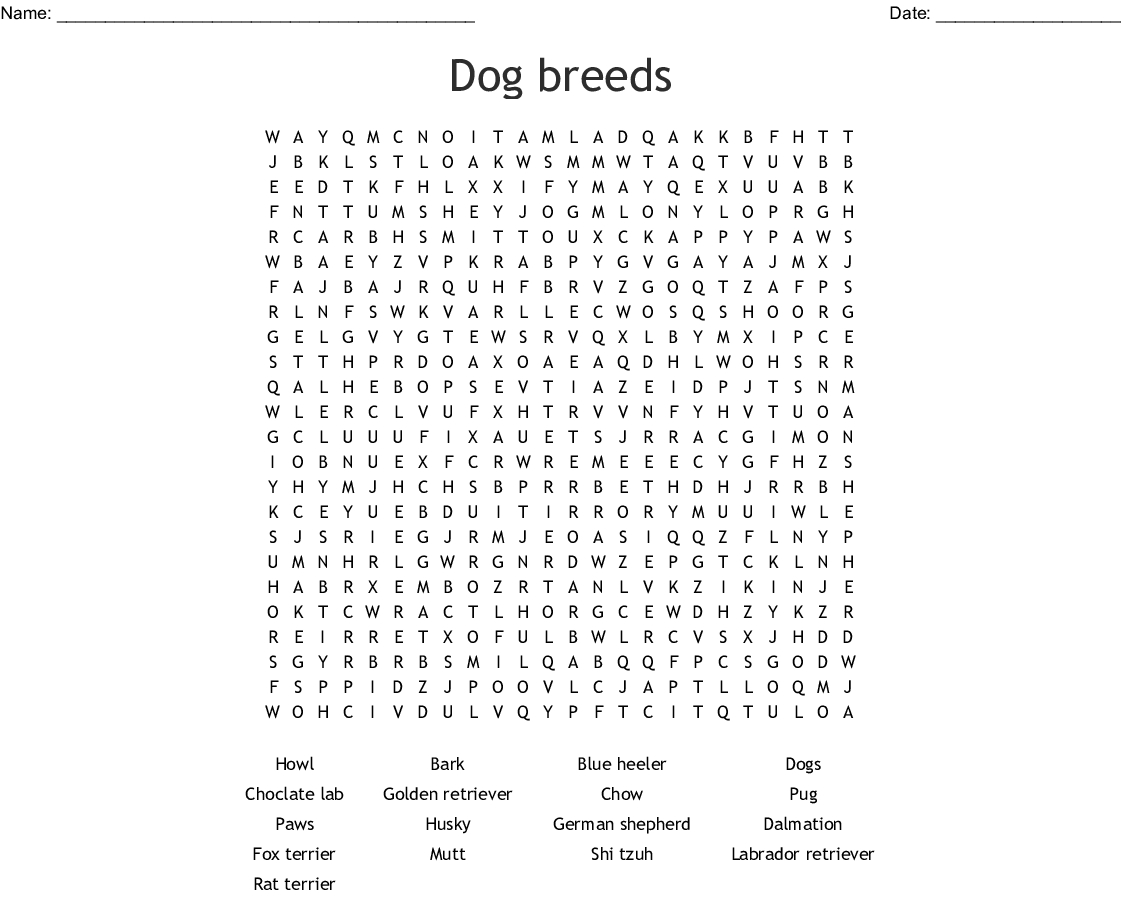 Dog Breeds Word Search - Wordmint