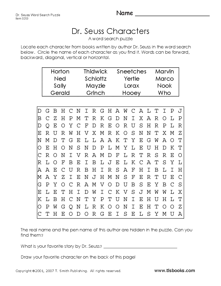 Dr. Seuss Word Search Puzzle Who Is Your Favorite Character