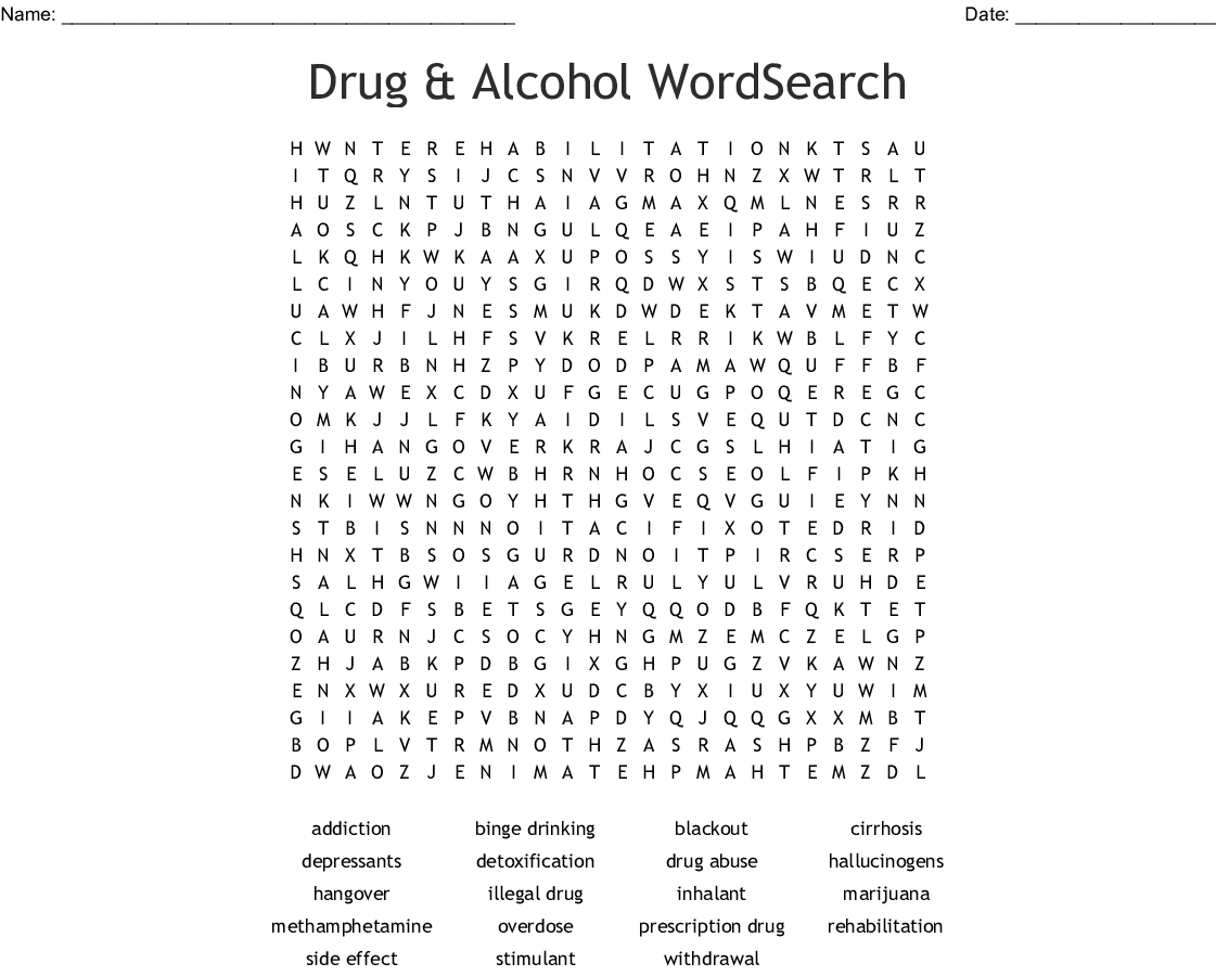 Substance Abuse Word Search Printable