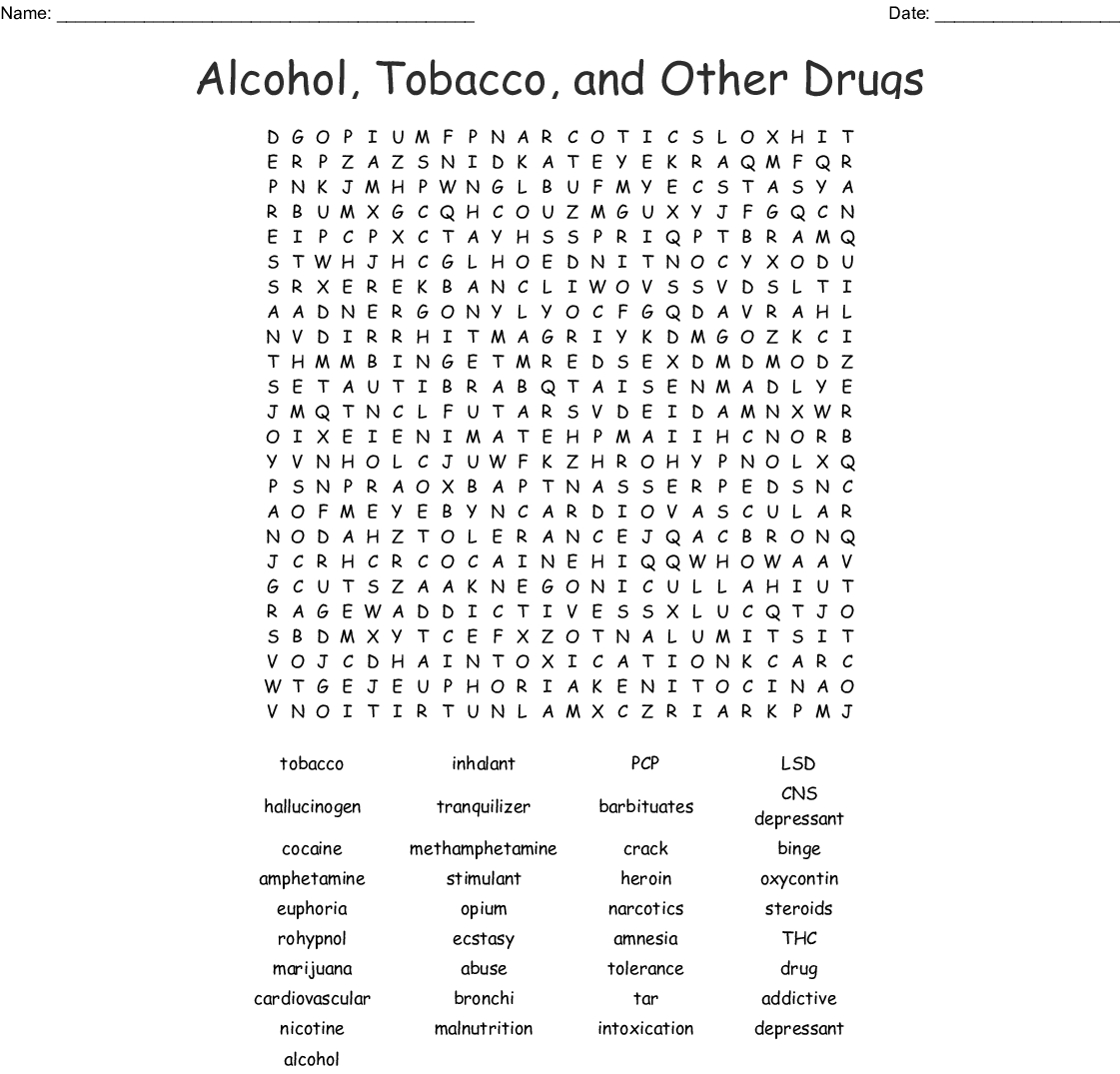 Drug And Alcohol Awareness Word Search - Wordmint