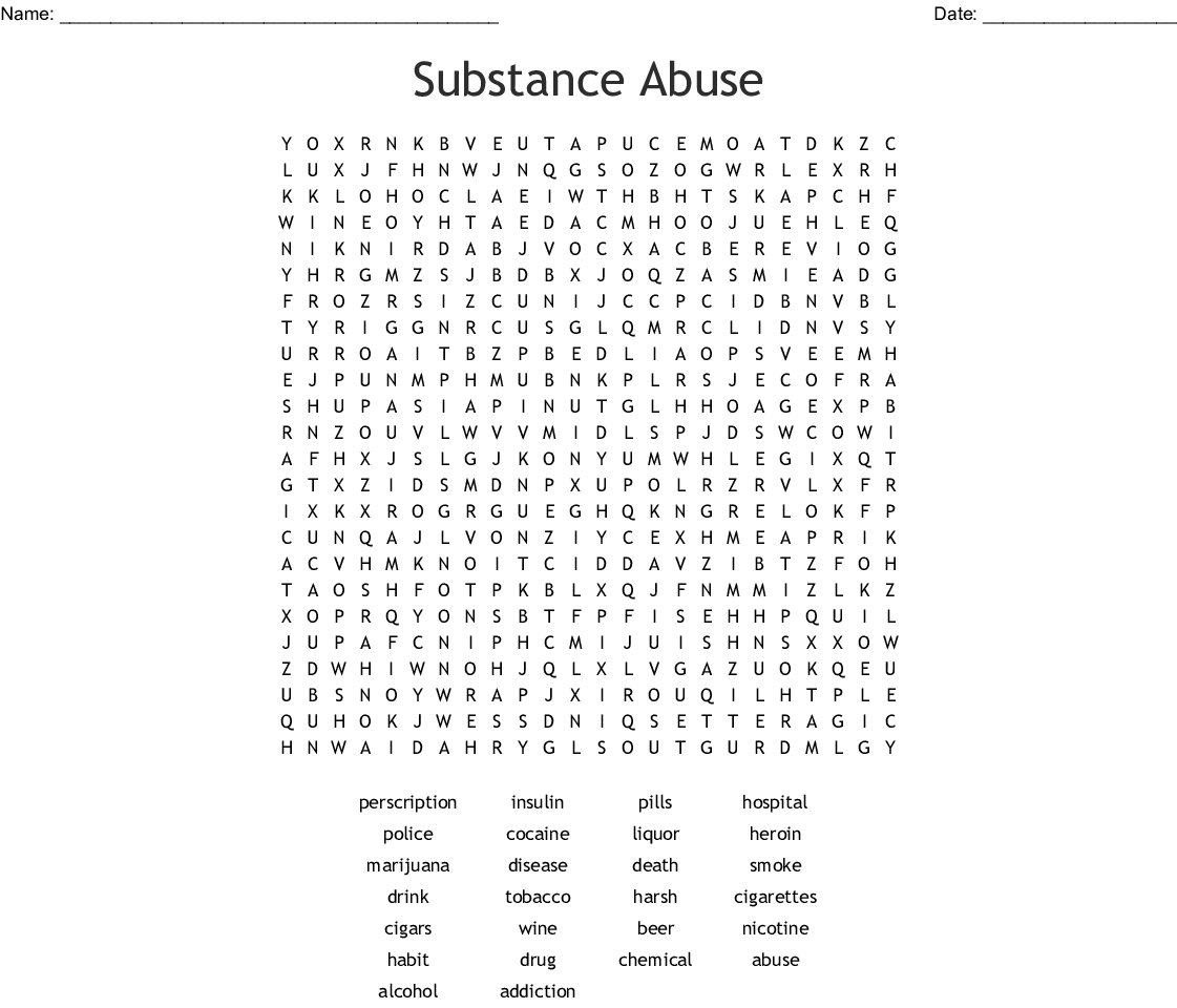 Drug And Alcohol Awareness Word Search - Wordmint