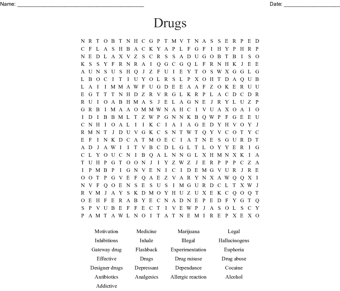 Drug And Alcohol Awareness Word Search - Wordmint