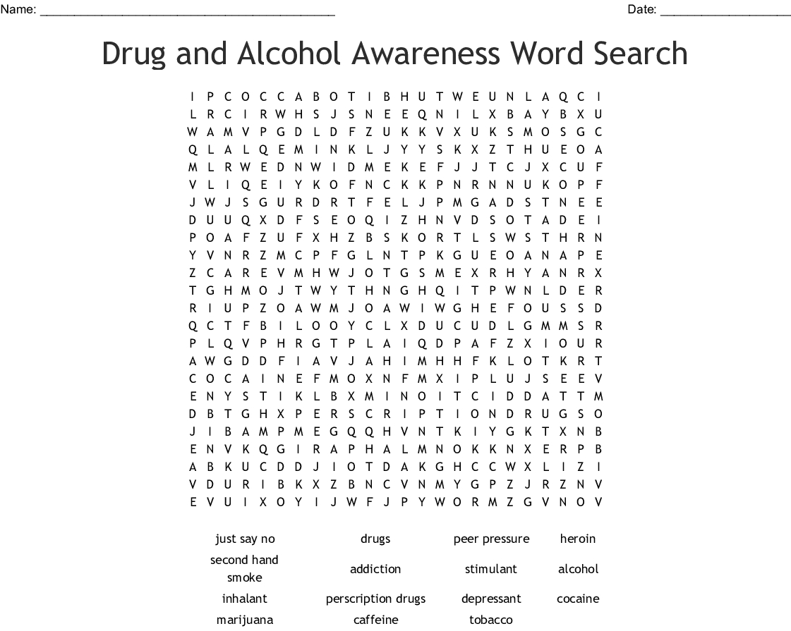 Drug And Alcohol Awareness Word Search - Wordmint