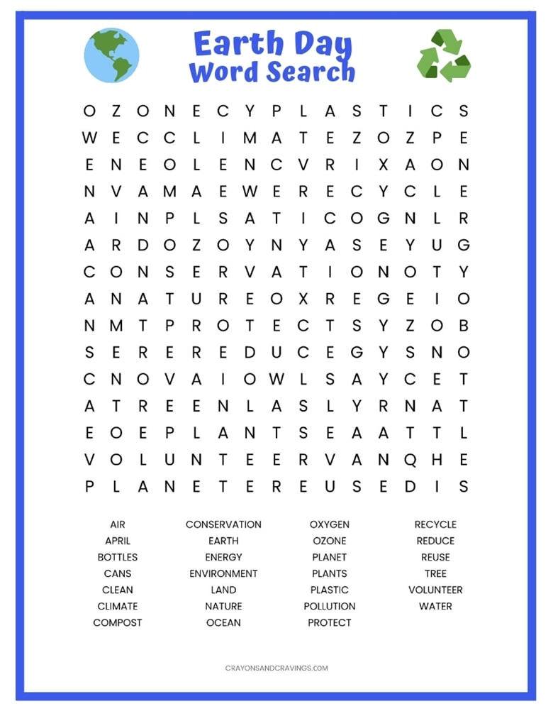 Earth Day Word Search Free Printable Worksheet