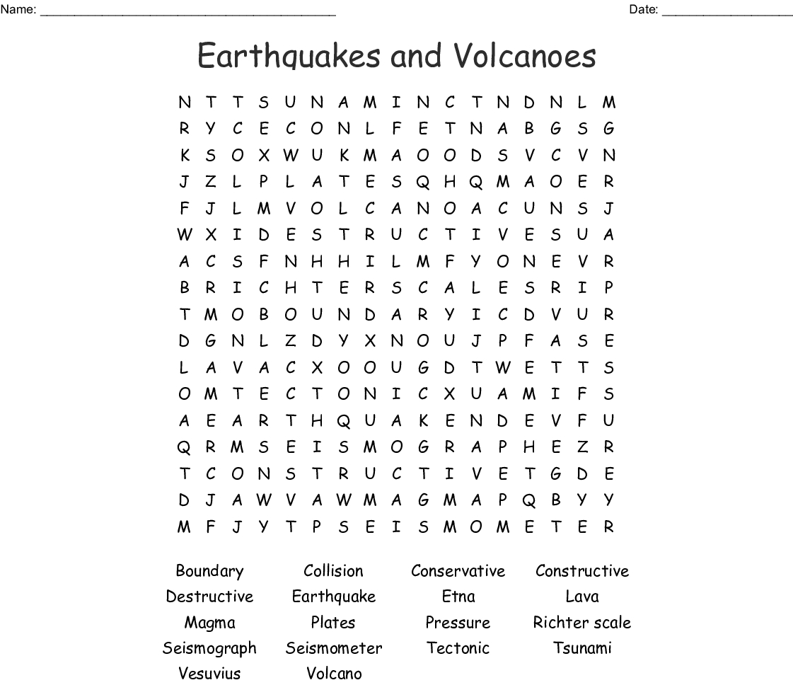 Earthquakes And Volcanoes Word Search - Wordmint