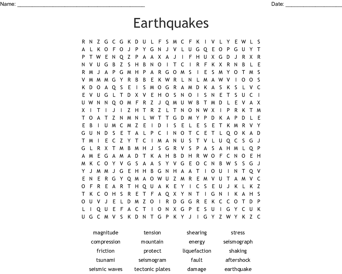 Earthquakes Word Search - Wordmint