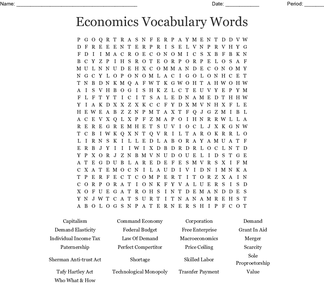 Economics Vocabulary Words Word Search - Wordmint
