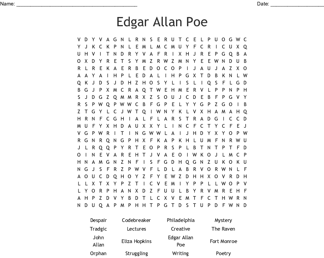 Edgar Allan Poe Word Search - Wordmint