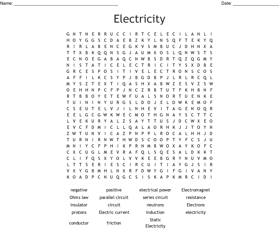 Electricity Word Search - Wordmint