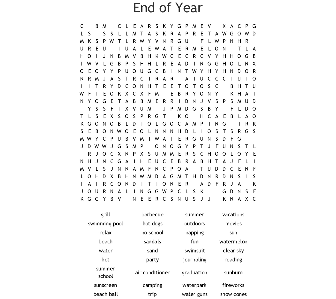 End Of The Year Word Search - Wordmint