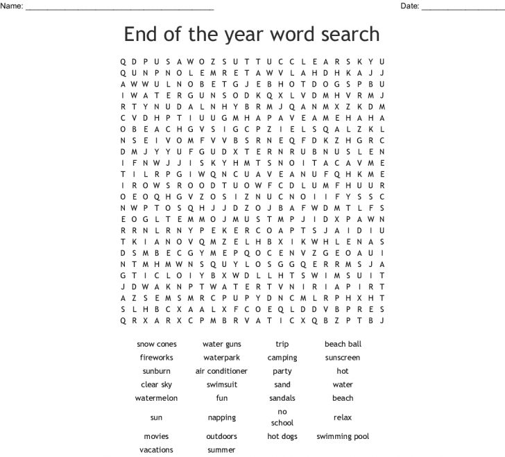 End Of School Word Search Printable