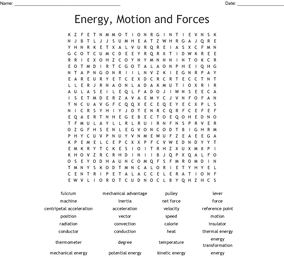 Energy, Motion And Forces Word Search - Wordmint