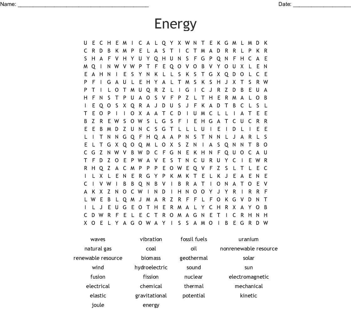 Energy Word Search - Wordmint