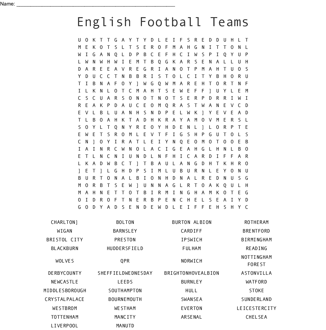 English Football Teams Word Search - Wordmint